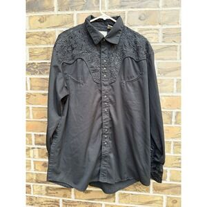 Scully Mens Black Floral Embroidered Western Pearl Snap Shirt XL Long Sleeve